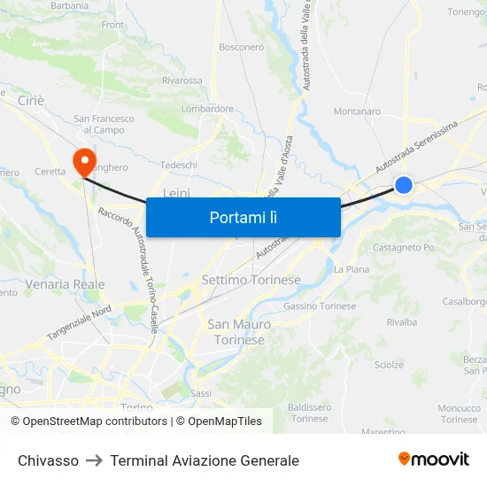 Chivasso to Terminal Aviazione Generale map