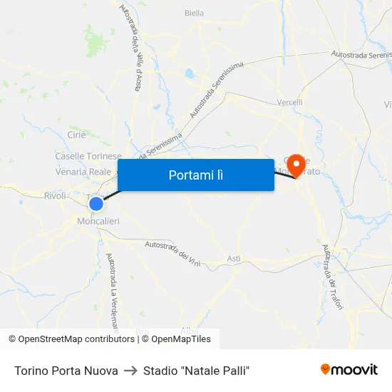 Torino Porta Nuova to Stadio "Natale Palli" map