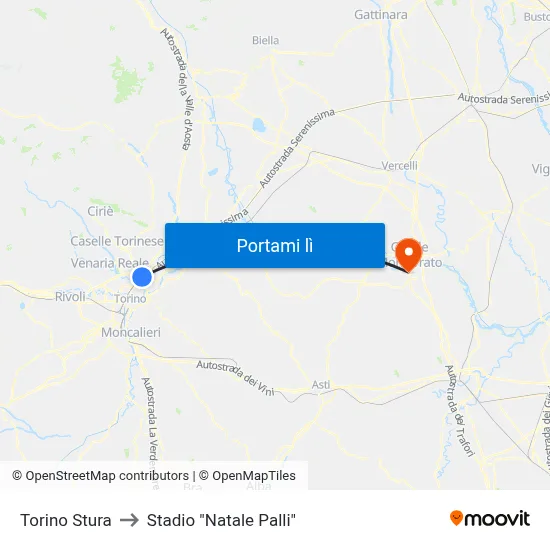 Torino Stura to Stadio "Natale Palli" map