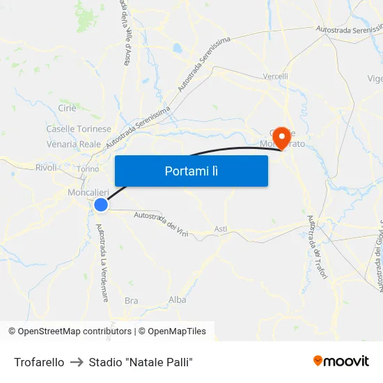 Trofarello to Stadio "Natale Palli" map
