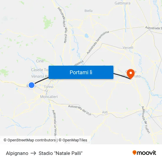 Alpignano to Stadio "Natale Palli" map