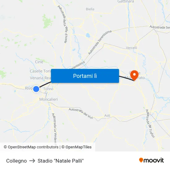 Collegno to Stadio "Natale Palli" map