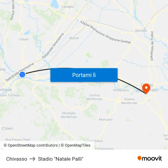 Chivasso to Stadio "Natale Palli" map