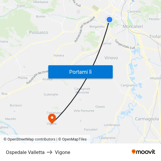Ospedale Valletta to Vigone map