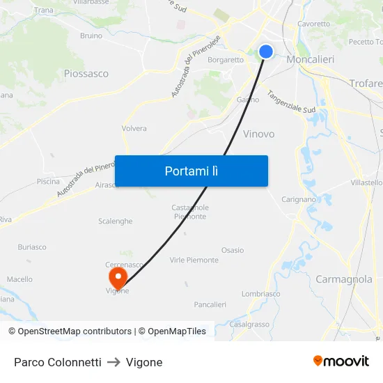 Parco Colonnetti to Vigone map