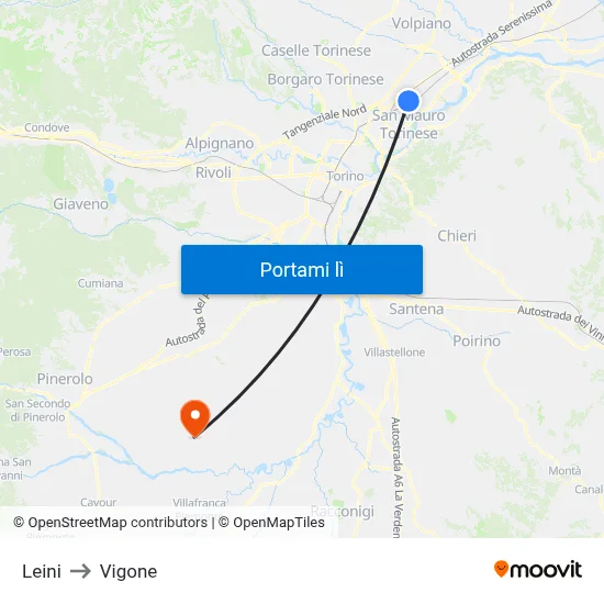 Leini to Vigone map