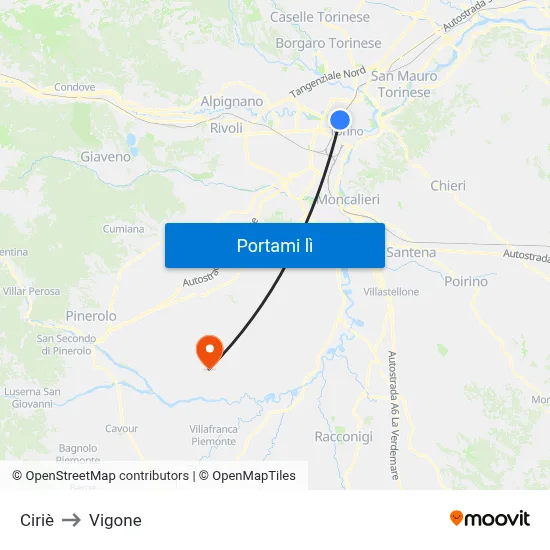 Ciriè to Vigone map