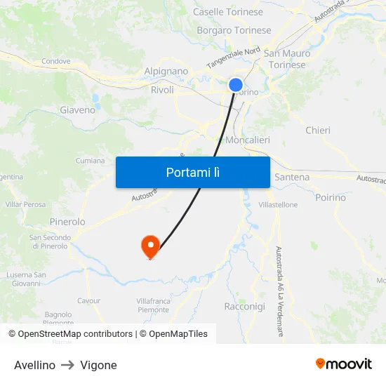 Avellino to Vigone map