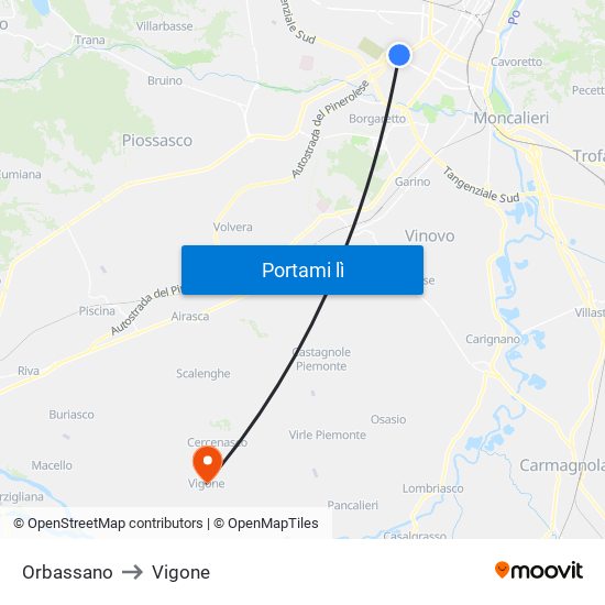 Orbassano to Vigone map