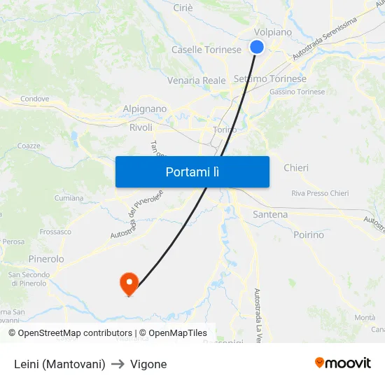 Leini (Mantovani) to Vigone map
