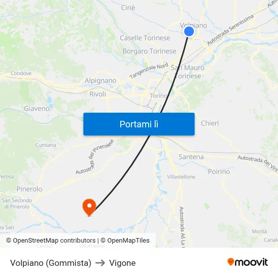 Volpiano (Gommista) to Vigone map