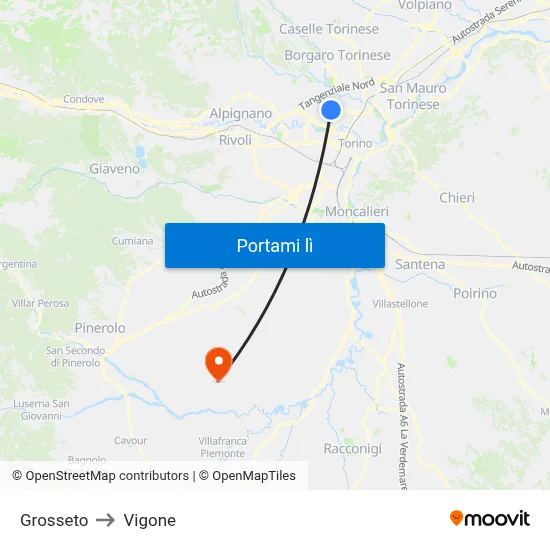 Grosseto to Vigone map
