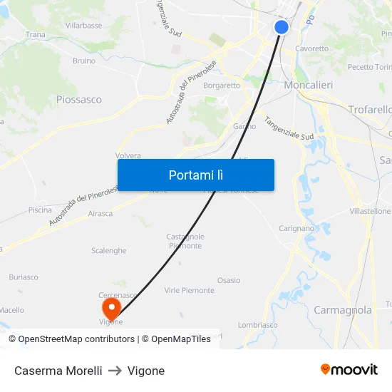 Caserma Morelli to Vigone map