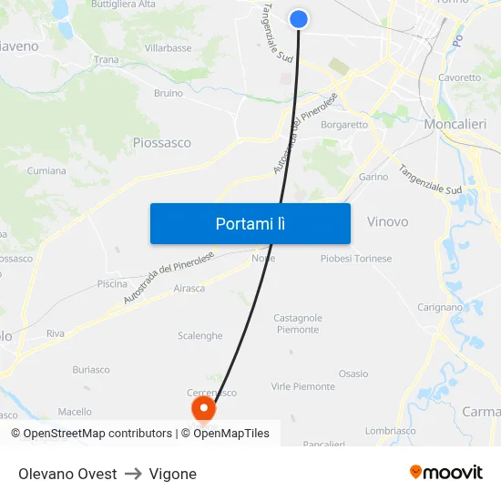 Olevano Ovest to Vigone map