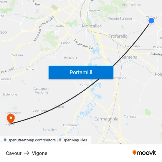 Cavour to Vigone map