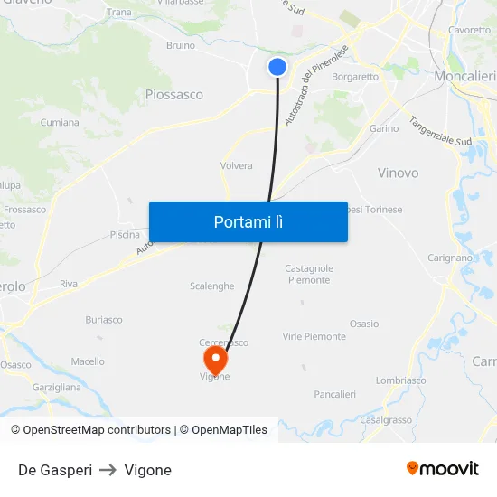 De Gasperi to Vigone map