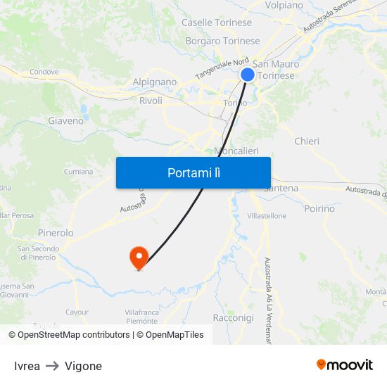 Ivrea to Vigone map