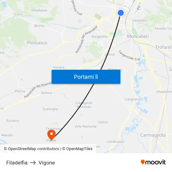Filadelfia to Vigone map