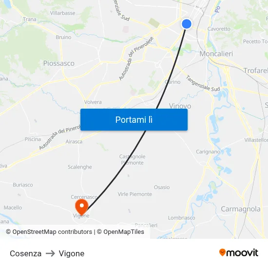 Cosenza to Vigone map