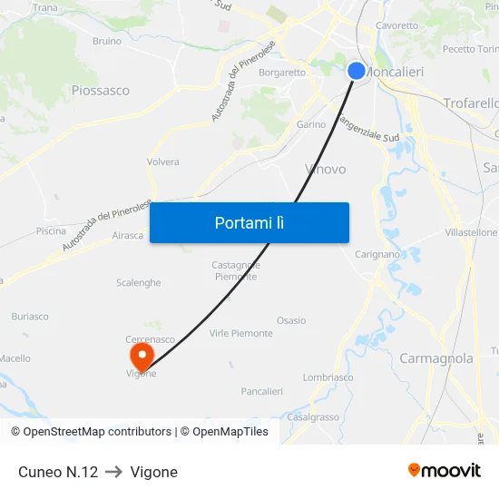 Cuneo N.12 to Vigone map