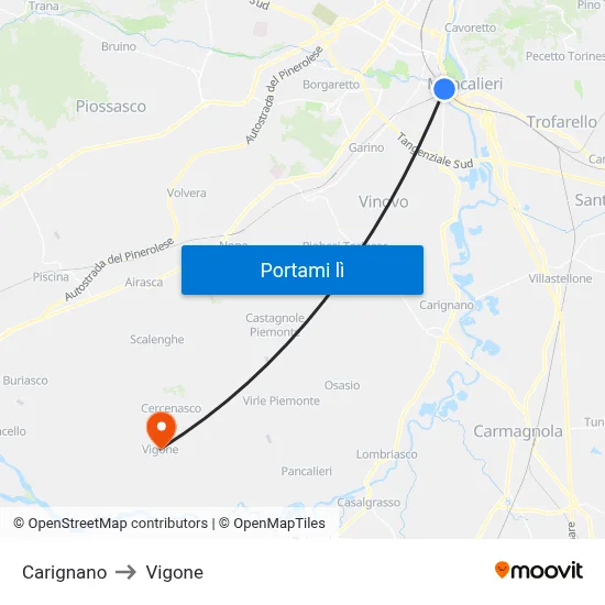 Carignano to Vigone map