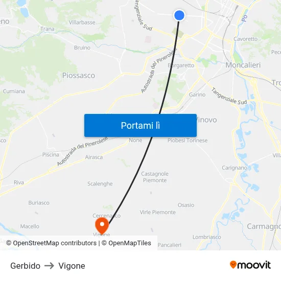 Gerbido to Vigone map
