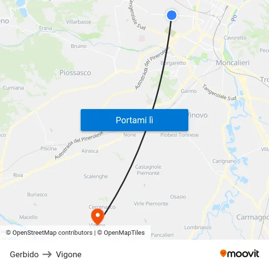 Gerbido to Vigone map