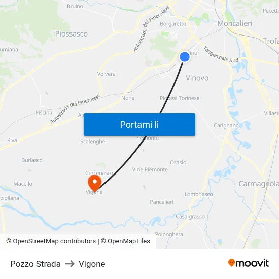 Pozzo Strada to Vigone map