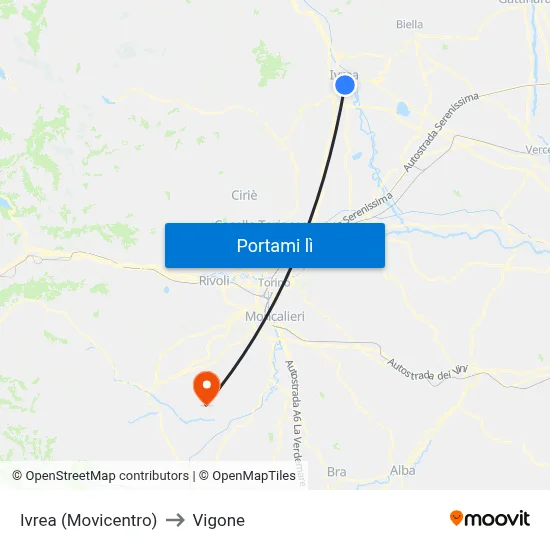 Ivrea (Movicentro) to Vigone map