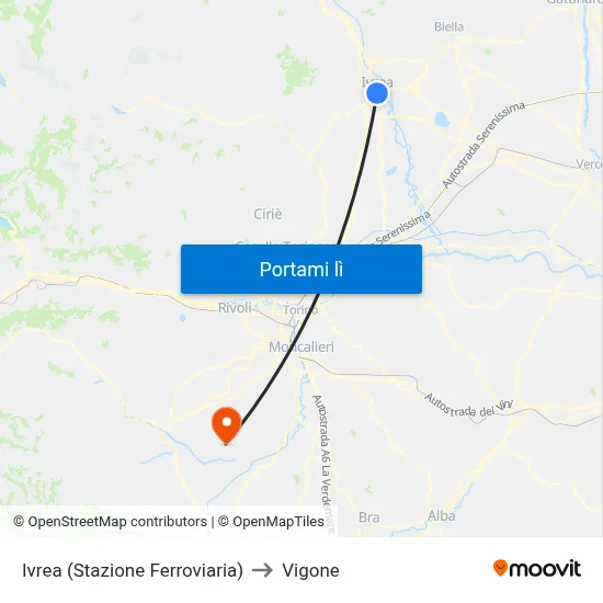 Ivrea (Stazione Ferroviaria) to Vigone map