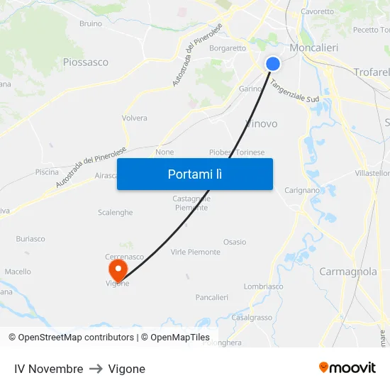 IV Novembre to Vigone map