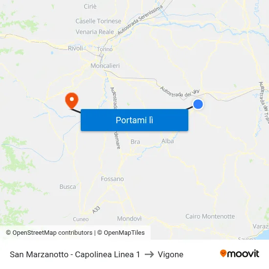 San Marzanotto - Capolinea Linea 1 to Vigone map