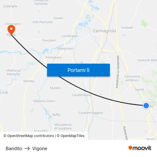 Bandito to Vigone map