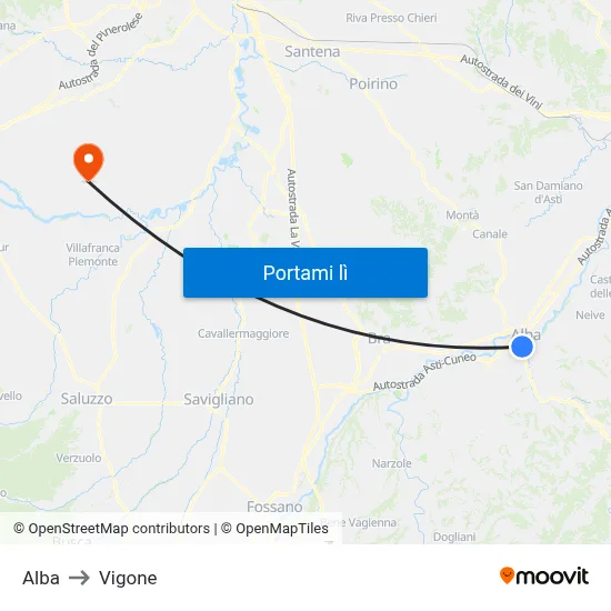 Alba to Vigone map