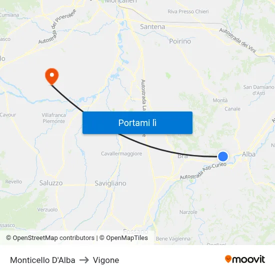 Monticello D'Alba to Vigone map
