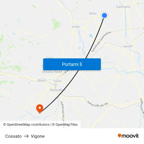 Cossato to Vigone map