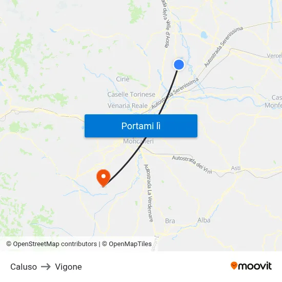 Caluso to Vigone map