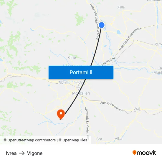 Ivrea to Vigone map