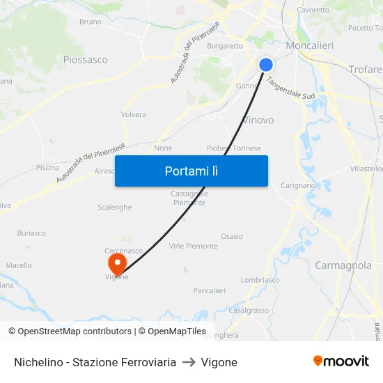 Nichelino - Stazione Ferroviaria to Vigone map