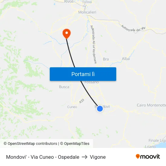 Mondovi' - Via Cuneo - Ospedale to Vigone map