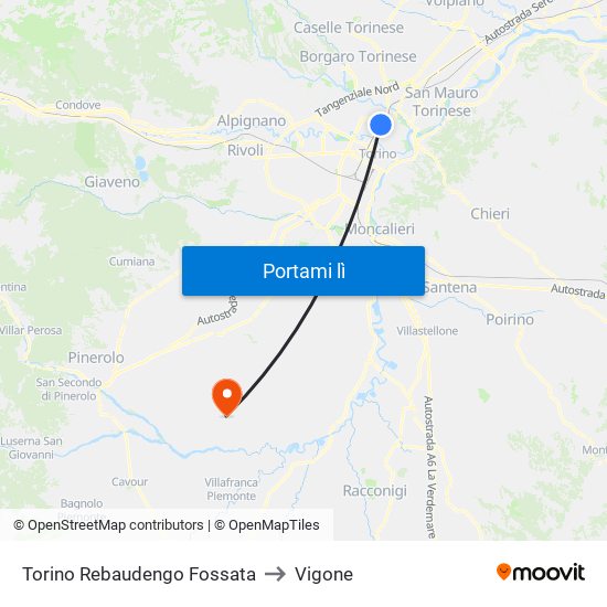 Torino Rebaudengo Fossata to Vigone map