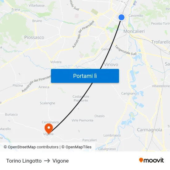Torino Lingotto to Vigone map