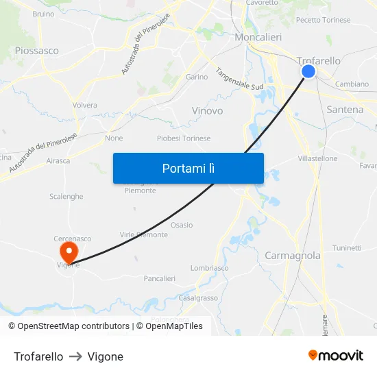 Trofarello to Vigone map