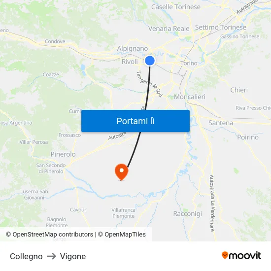 Collegno to Vigone map