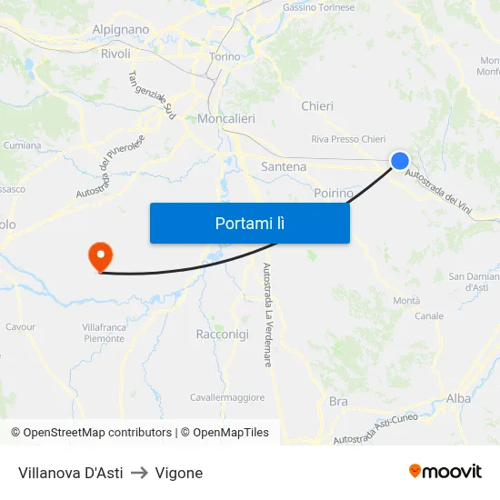 Villanova D'Asti to Vigone map
