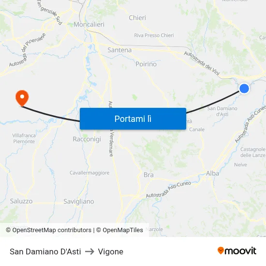 San Damiano D'Asti to Vigone map