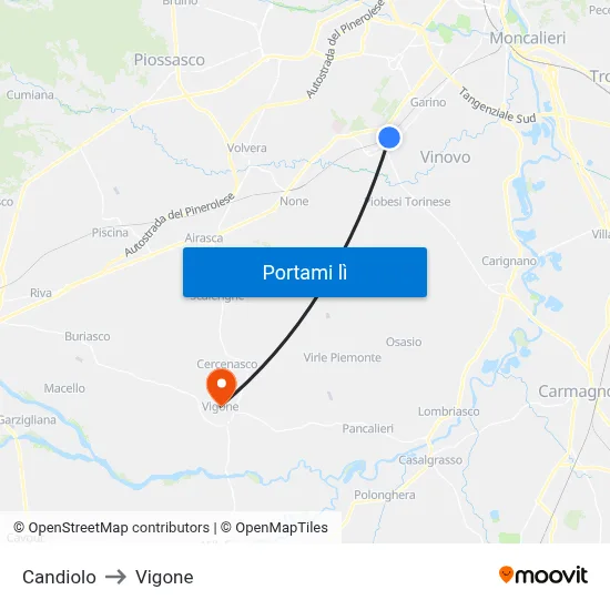 Candiolo to Vigone map