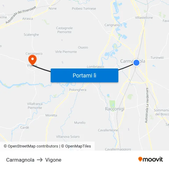 Carmagnola to Vigone map