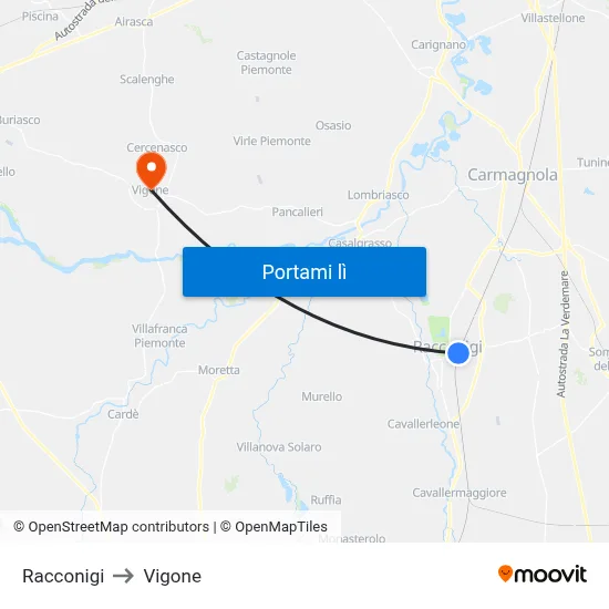 Racconigi to Vigone map