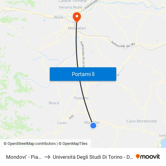 Mondovi' - Piazza D'Armi to Università Degli Studi Di Torino - Dipartimento Di Fisica map
